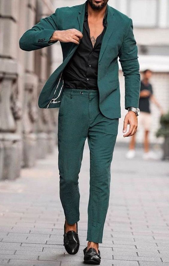Leaf Green Suit, Black Satin Dress Shirt
