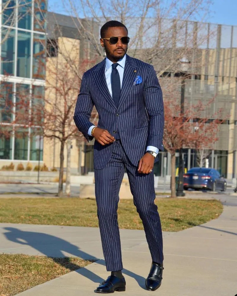Men's Suits & Blazers 2 Pieces Men Suit Tailor-Made Royal Blue Pinstripe Gentlemen Business Suit