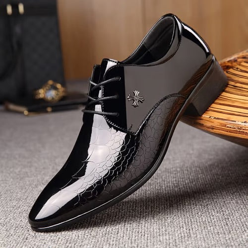 Men’s Black Leather Crocodile Patent Pointy Toe Dress Shoes