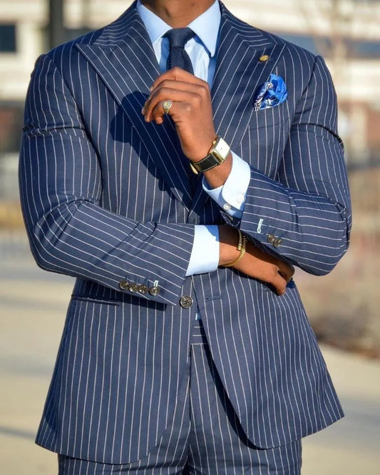 Men's Suits & Blazers 2 Pieces Men Suit Tailor-Made Royal Blue Pinstripe Gentlemen Business Suit