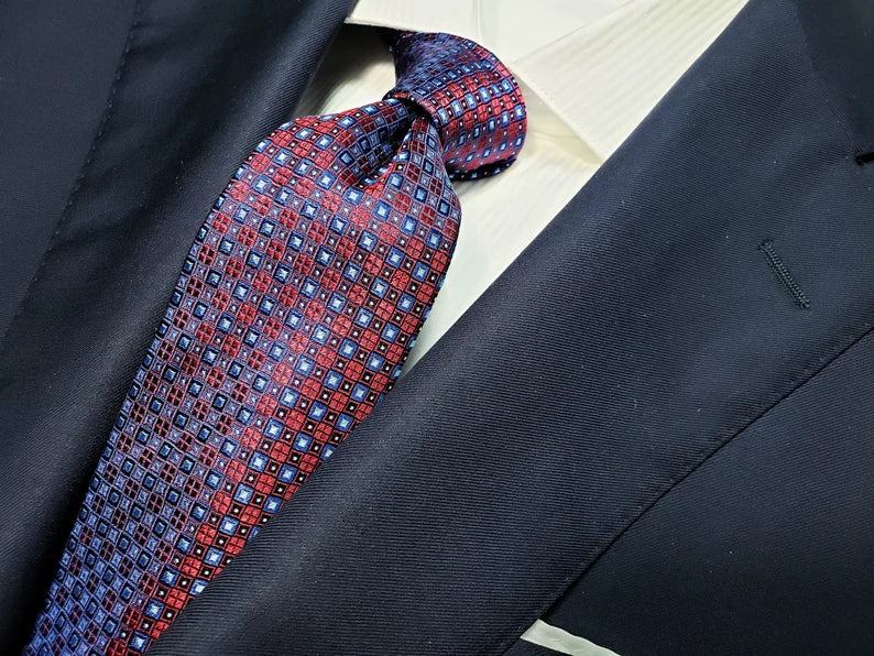 Silk Tie Square Navy Blue & Red