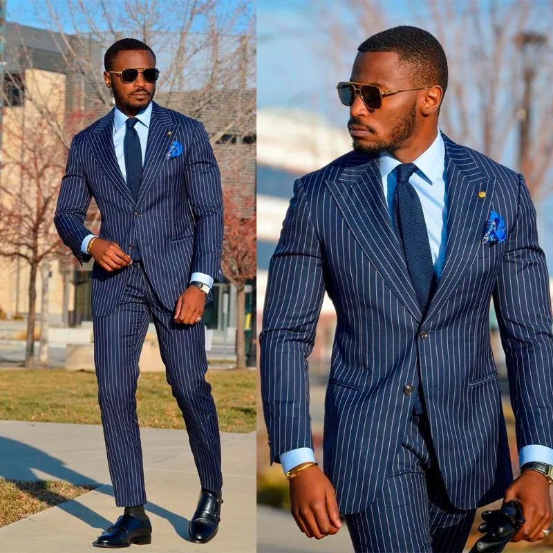Men's Suits & Blazers 2 Pieces Men Suit Tailor-Made Royal Blue Pinstripe Gentlemen Business Suit